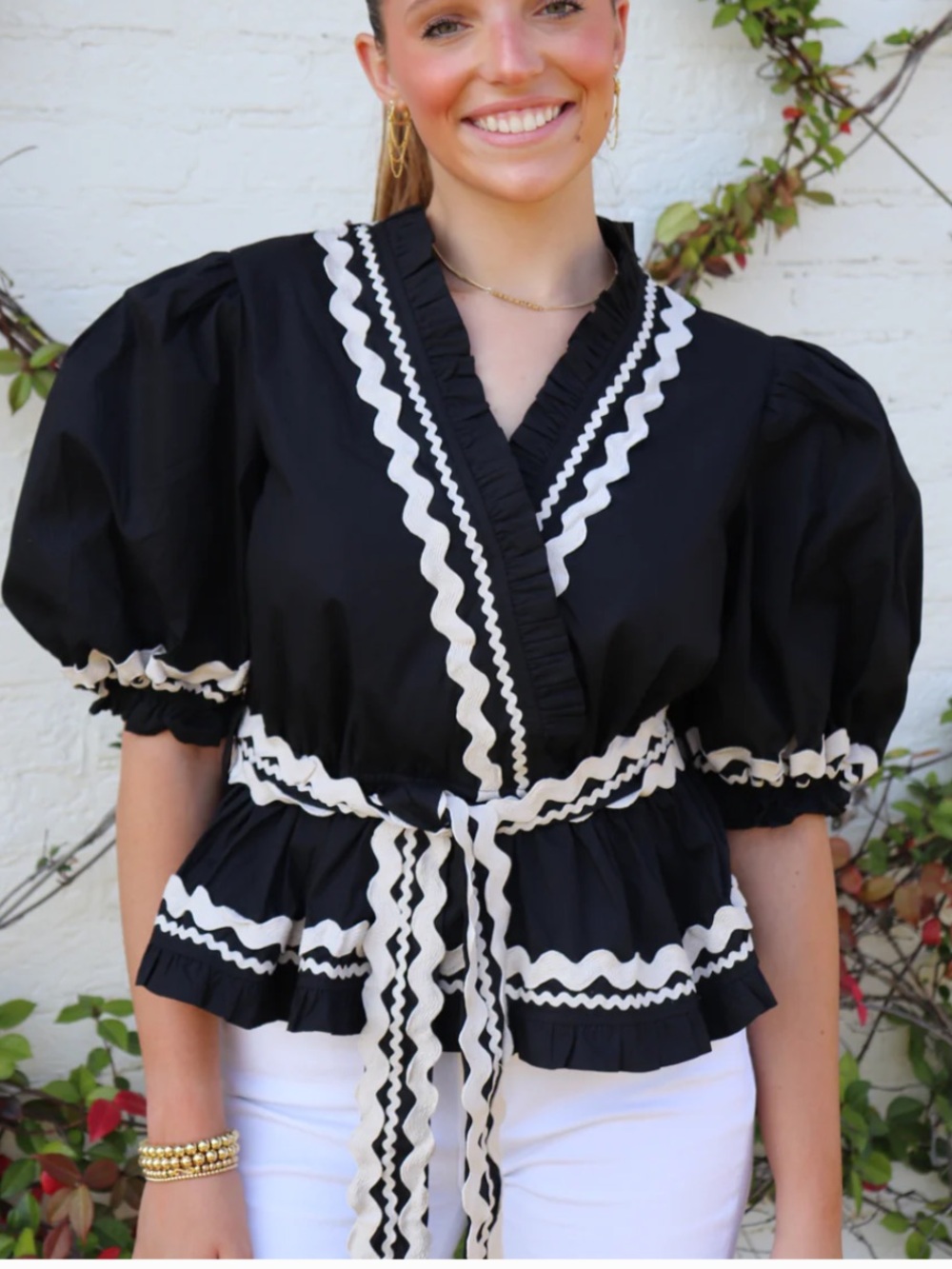 Aureum Black Wrap Blouse with Cream Rickrack Accents